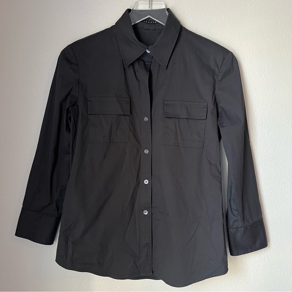 Theory Black Collar Button Up Size Medium Office Workwear - Picture 1 of 4